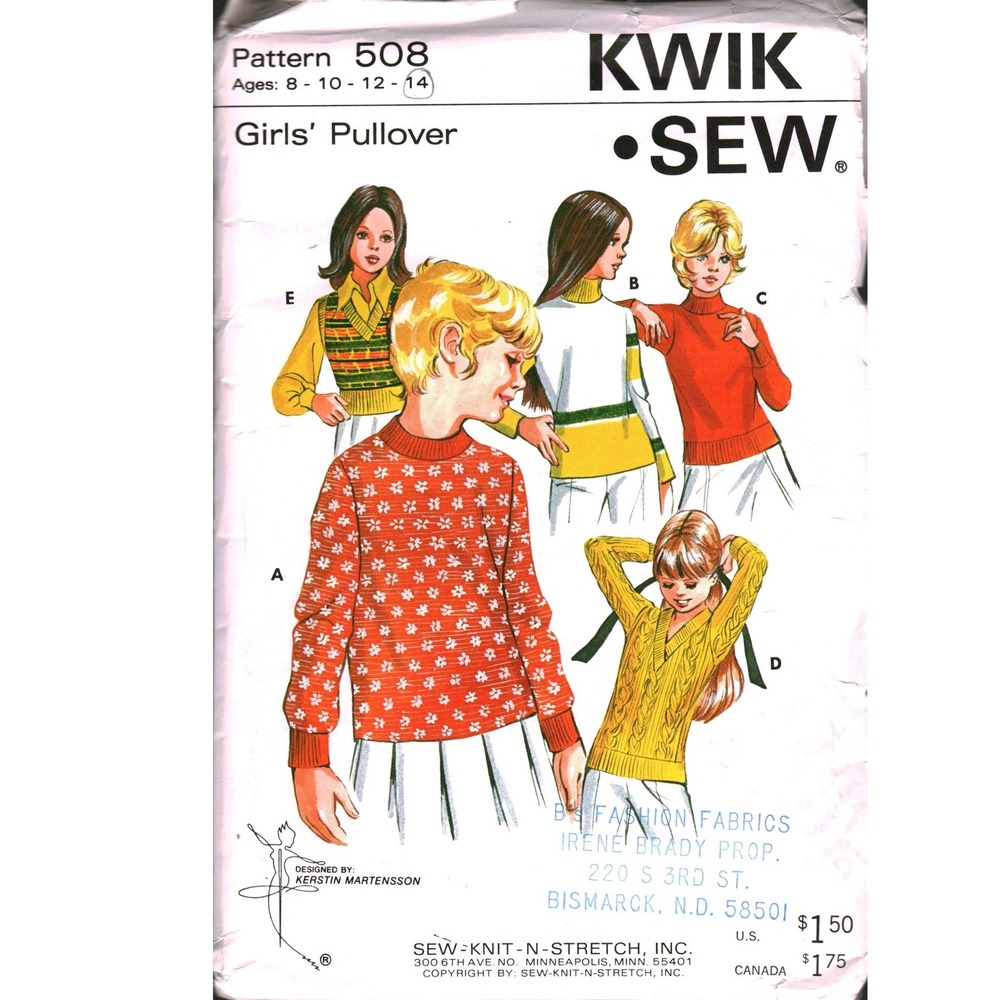 Vintage Kwik Sew 508 Girls Pullover Sweater Vest Sewing Pattern Size 8-14 1970s